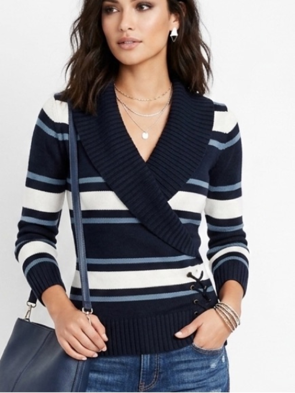 Striped Shawl Collar Lace-Up Sweater Cardigan - Navy, White & Gray 1777